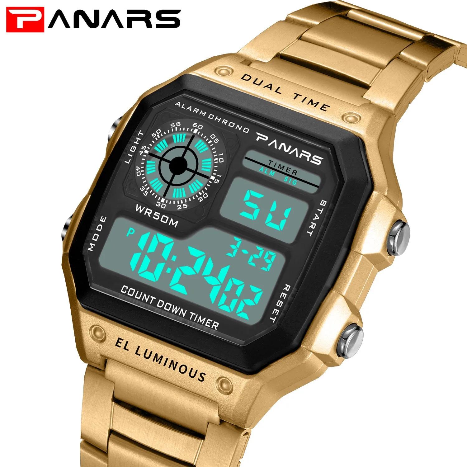 PANARS Top Luxury Stainless Steel Strap Sport Watches Men Waterproof Back Light Digital Wristwatch Male Alarm Trendy and Fashion