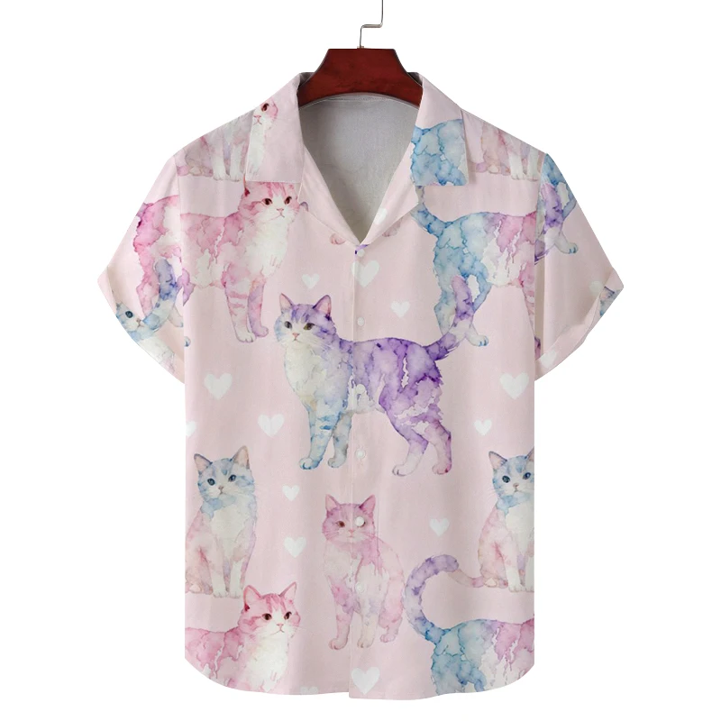 Summer Men's New Short-sleeved Men's Shirt with Cat Pattern Casual Commuting Fashion All-match Personality Breathable