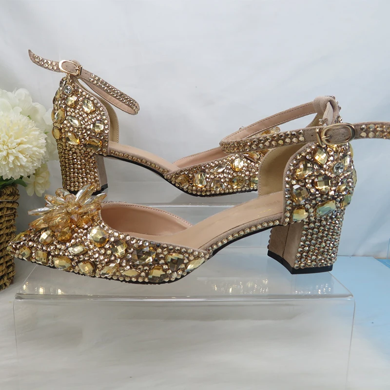 Customized Champagne Golden crystal women Wedding shoes Rhinestone high heels ankle strap shoes women party dress shoes