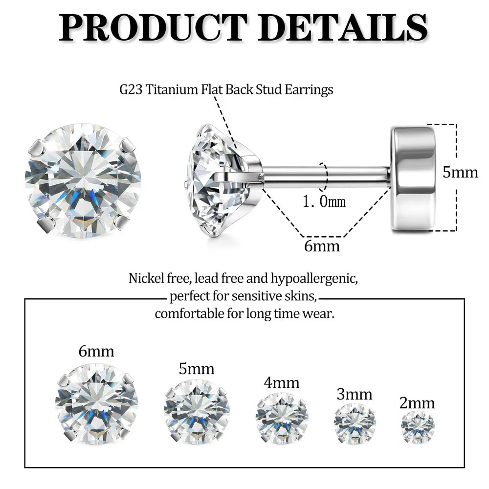 1 Pair Hypoallergenic Titanium Stainless Steel Clear Cubic Zirconia Flat Screw Back Cartilage Stud Earrings Set for Men Women