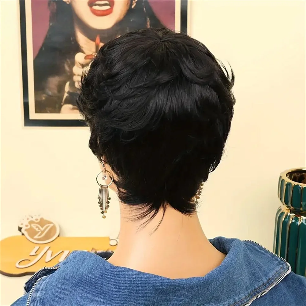 شعر مستعار بقص عابث شعر بشري قصير للنساء، شعر مستعار عابث أسود طبيعي، شعر مستعار بطبقات مع غرة، شعر مستعار مموج طبيعي #2