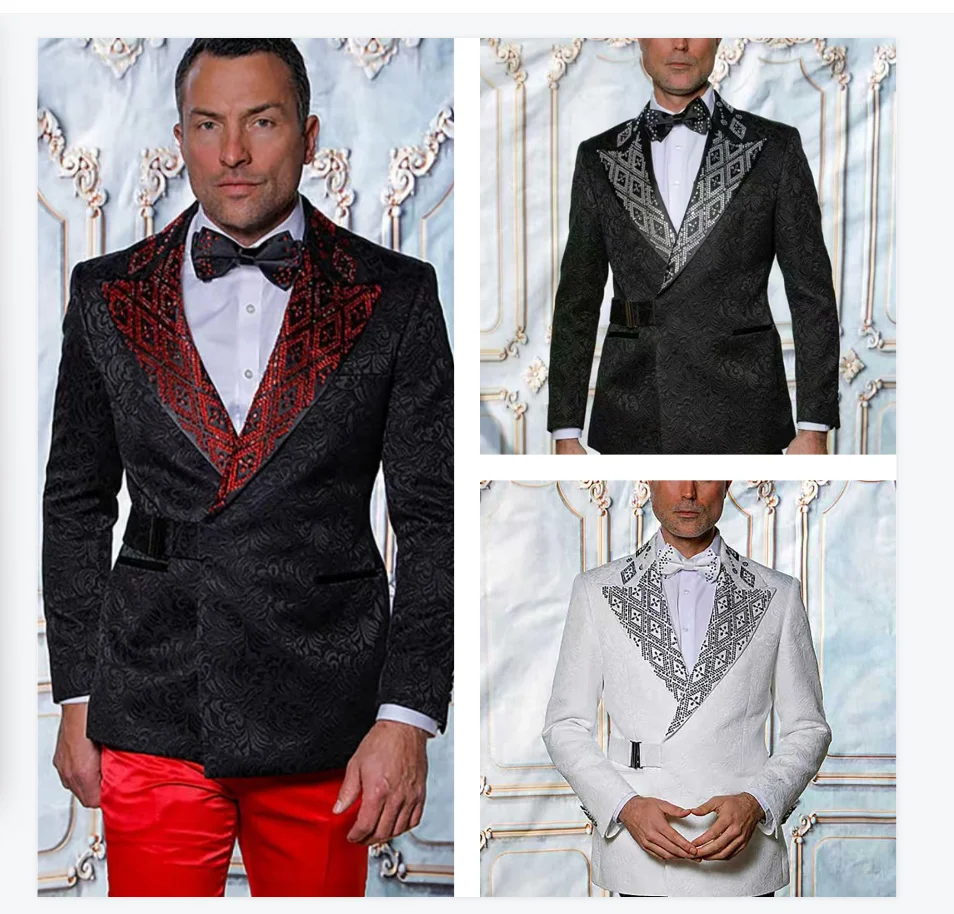 

Jacquard Men Suits 2 Piece Blazer+Pants Luxury Stone Crystals Wedding Tuxedo Coat Customized Formal Office Jacket Trousers