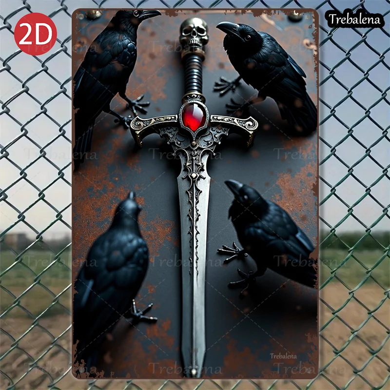 

1PC 2D Flat 8*12inch Metal Sign Gothic Sword with Crows and Skull Art Decor