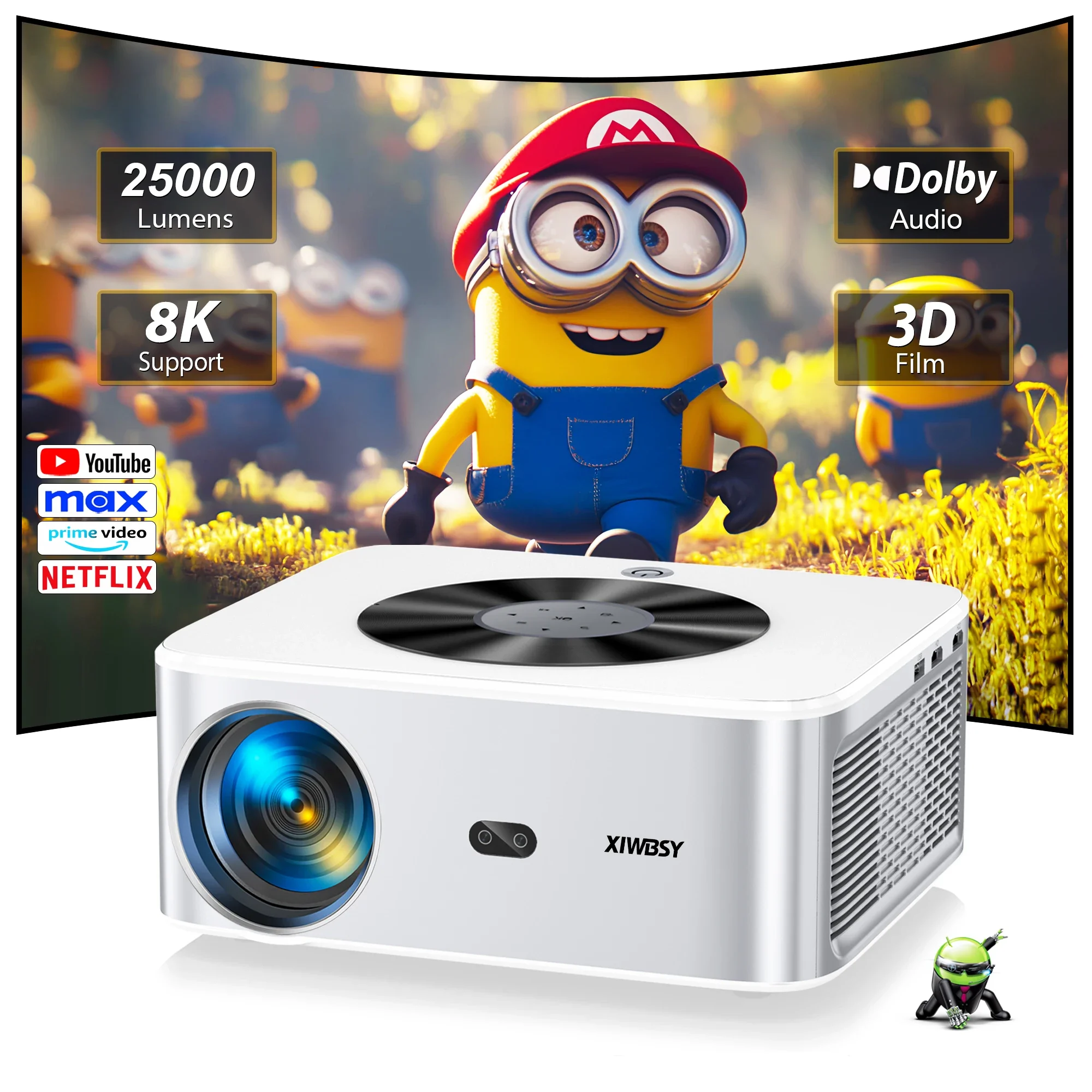 

XIWBSY Android 4k Projector 25000 Lumens WiFi6 Auto Focus/Keystone Projector 800ANSI Video Home Theater Cinema Bluetooth Beamer