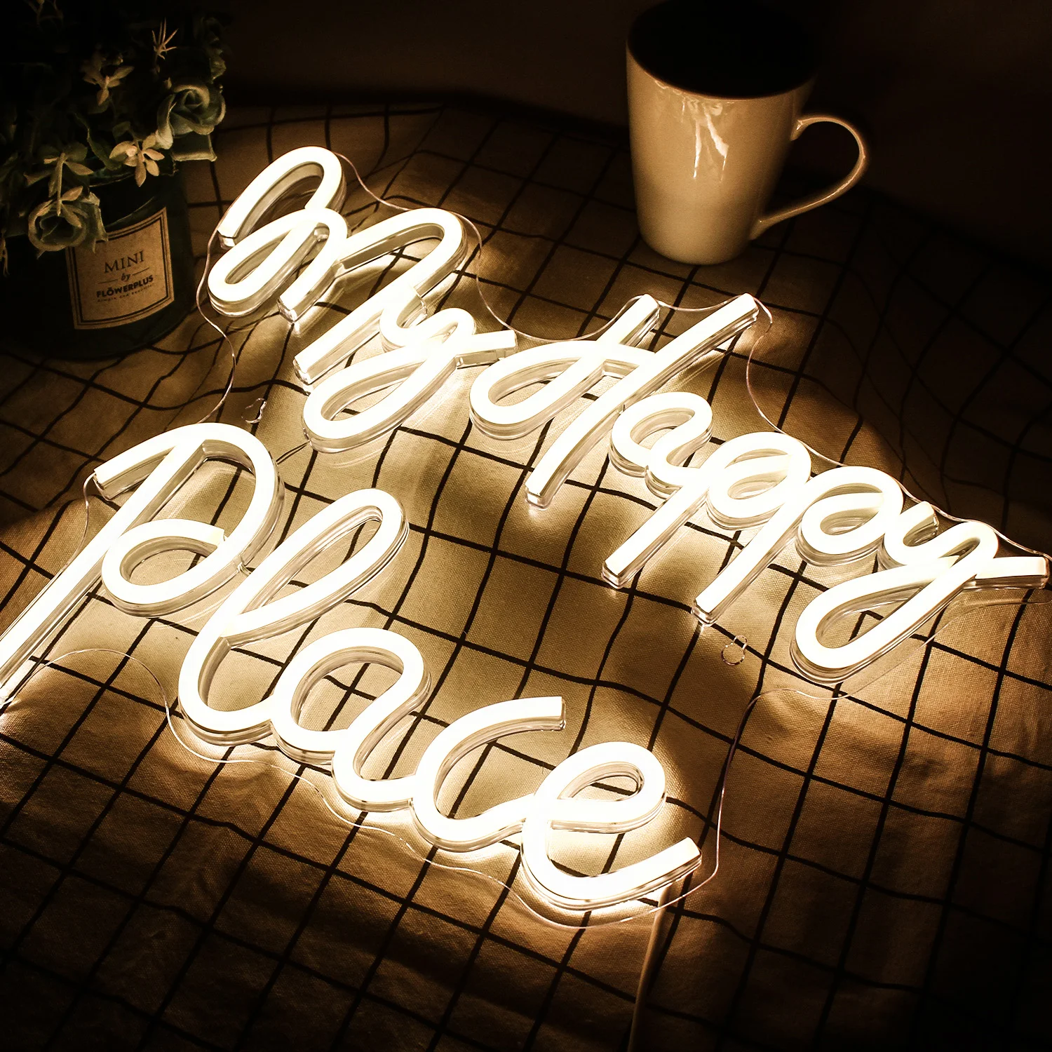 Imagem -04 - Happy Place Neon Sign Luzes Led Quarto Estético Decoração para Quarto Casamento Festa de Aniversário Festival Usb Wall Lamp my