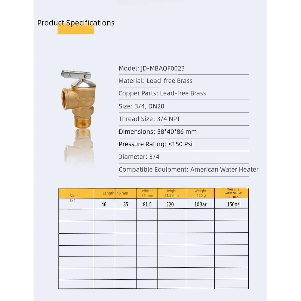 3/4 NPT Brass Temperature and Pressure Relief Device for Water Heater Applications Requiring Safety Certification