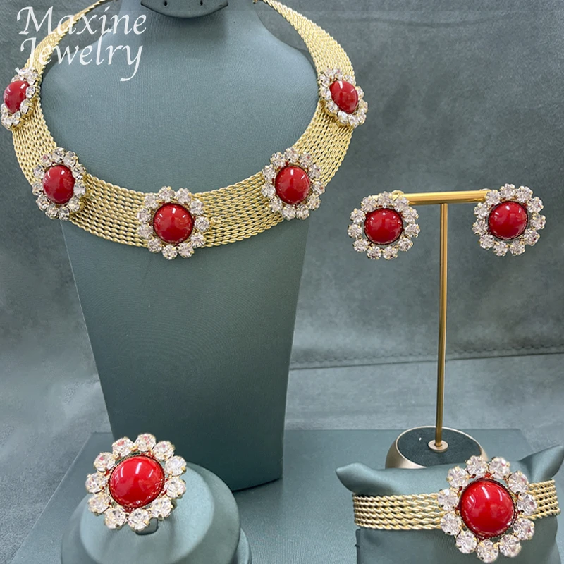 Dubai 24K Gold Plated Red Gemstone Necklace Diamond Earrings Bracelet Ring Big Size Jewelry Set for Women Party Wedding Gifts