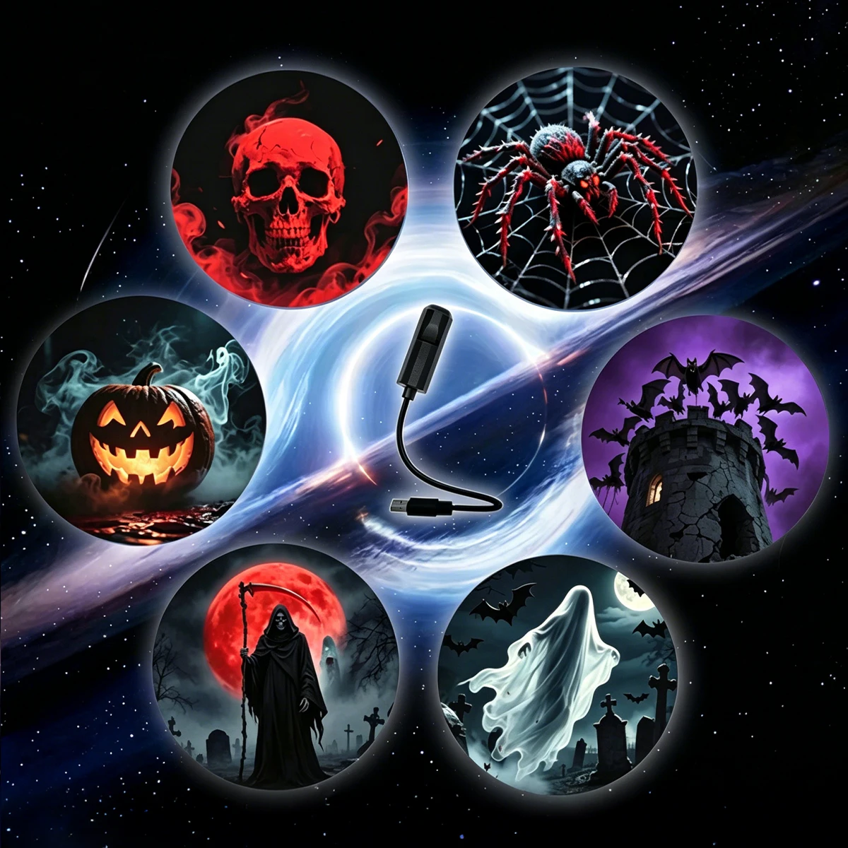 USB Projector Light Halloween Ghost Skull Night Light Switchable Pattern LED Projector Lamp for Room Ceiling Window Wall Decor