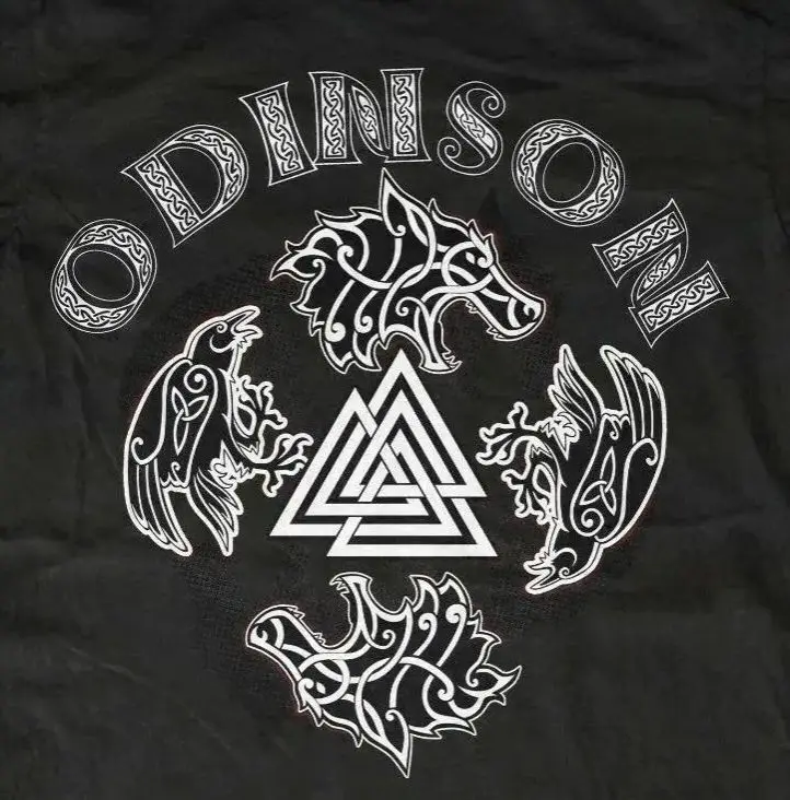 

Retro warriors Son Fenrir Wolf Hugin Munin Raven Valknut Rune T-Shirt 100% Cotton O-Neck Short Sleeve Mens T-shirt Size S-3XL