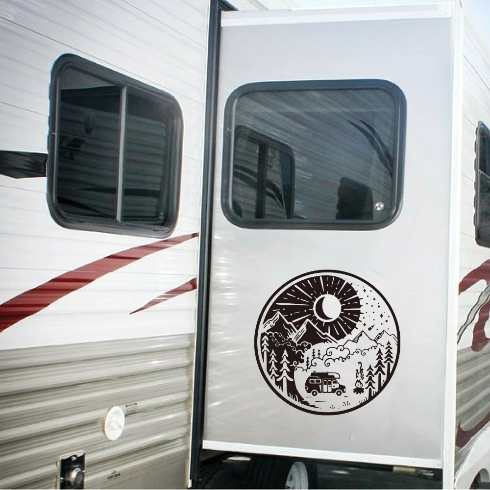 

Modern Yin Yang Camping Rv Car Sticker Explore Adventure Sun Travel Motorhome Caravan Auto Decal Bumper Hood Bonnet Decor