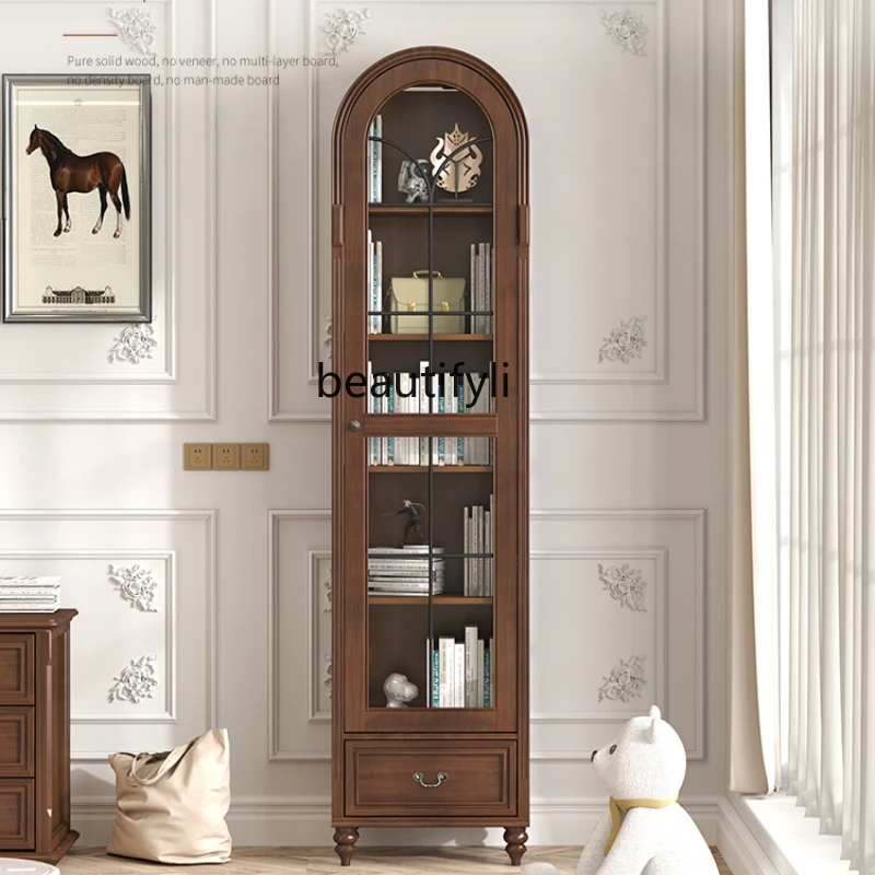 

American-Style Solid Wood Bookcase Arch with Glass Door Storage Living Room Shelf Retro Style Display Cabinet