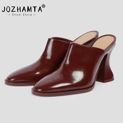 JOZHAMTA Size 33-43 2025 New Genuine Leather Slippers Female Slides Summer Square High Heel Elegant Women Shoes Basic Sandals