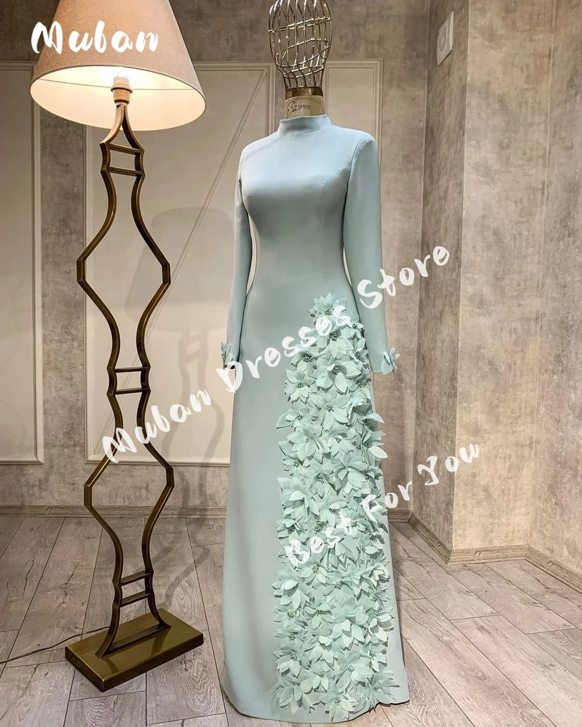 High Collar Long Sleeves Prom Dress 3D Flower Beaded Evening Dress 2024 Elegant Women Wedding Party Formal Gowns