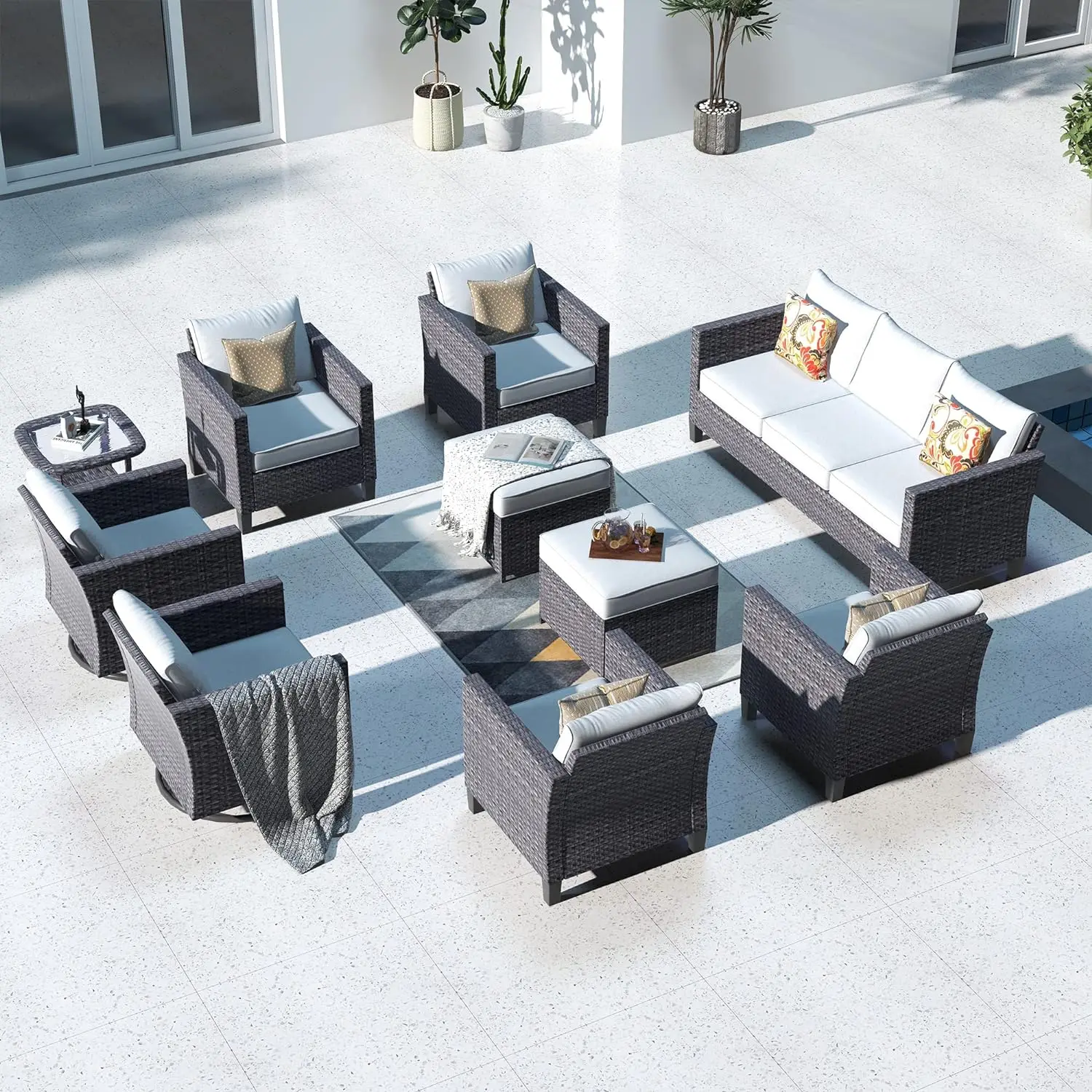 Patio Furniture Set, 10 Piece Outdoor Wicker Sofa with Swivel Rocking Chair and Comfortable Back Cushions, Grey