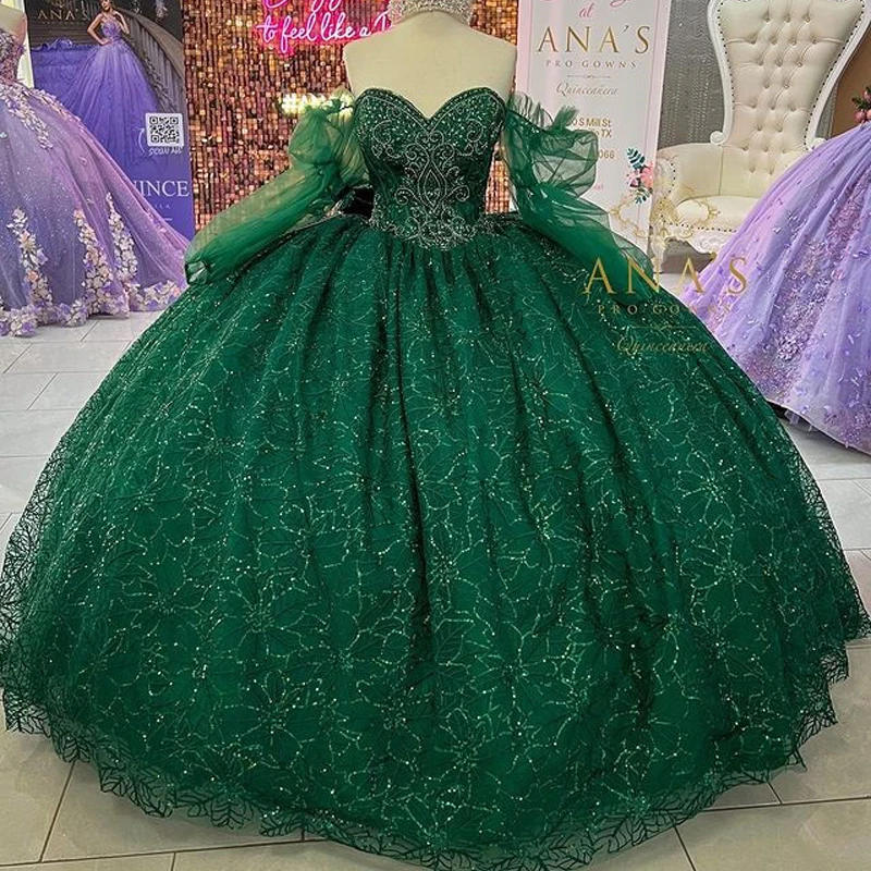 EVLAST-vestido de quinceañera verde esmeralda brillante, traje de baile con Apliques de encaje, cuentas, dulce 16, 15 Años, TQD031