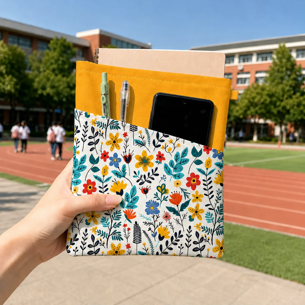 Floral Zipper Document Pouch with Front Pocket, Aesthetic Pencil Case & Phone Organizer for Students, School, Office, Travel