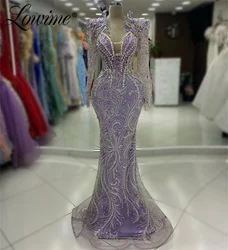 Aso Ebi Crystals Mermaid Prom Dress Purple Beaded Sequined Long Sleeves Arabic Evening Dresses 2024 Customized Robes De Soiree