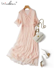 Winsleter, 100% Real Silk Dresses Women Crepe De Chine V Neck Lace Loose Short Sleeve Midi Robe Dress Summer New D36210JM