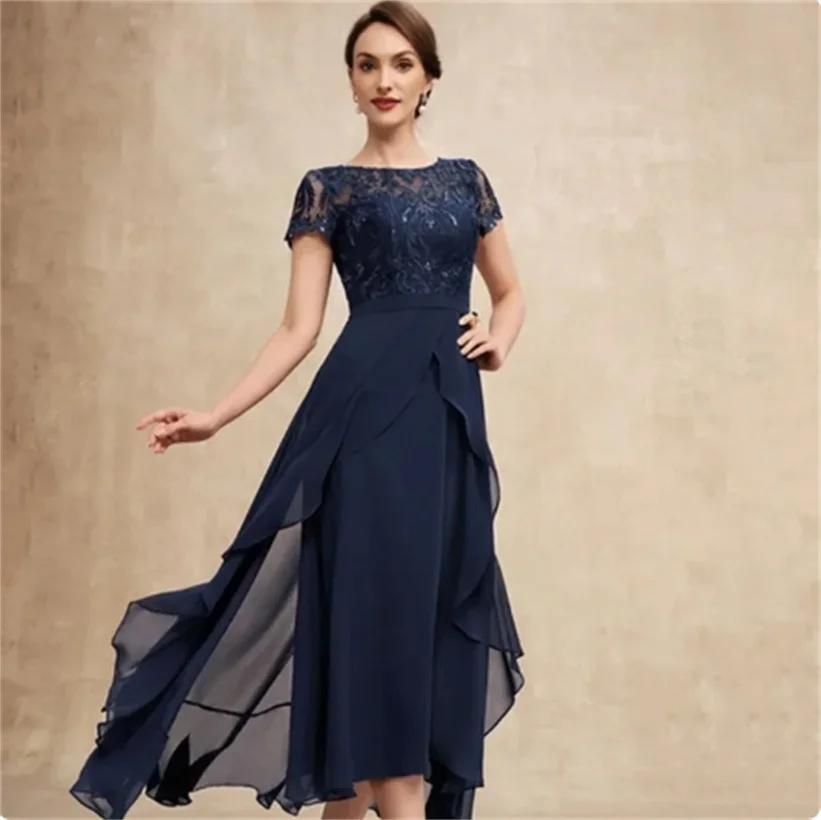 Mom Dresses A-Line Lace Appliques Ruffles  Classic Scoop Neck Ankle-Length Mother Dress Short Sleeve Chiffon Wedding Guest Gown