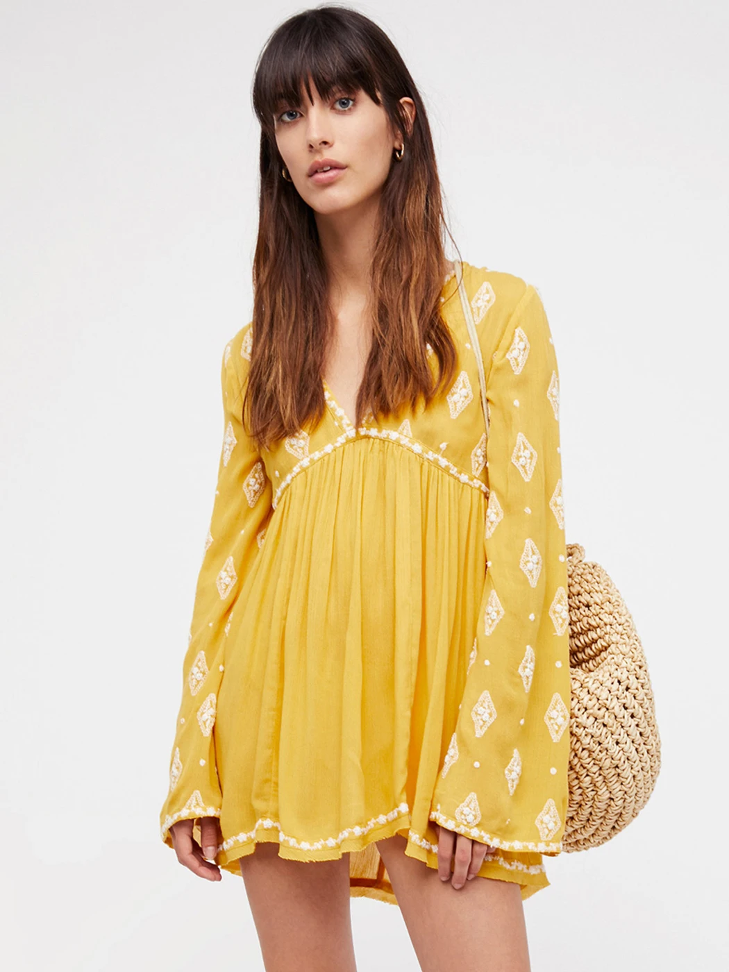 Jastie V-Neck Long Sleeve Spring Summer Shirt Blouse Women Diamond Embroidered Top Blusa Big Hem Casual Beach Top Shirts Blouses