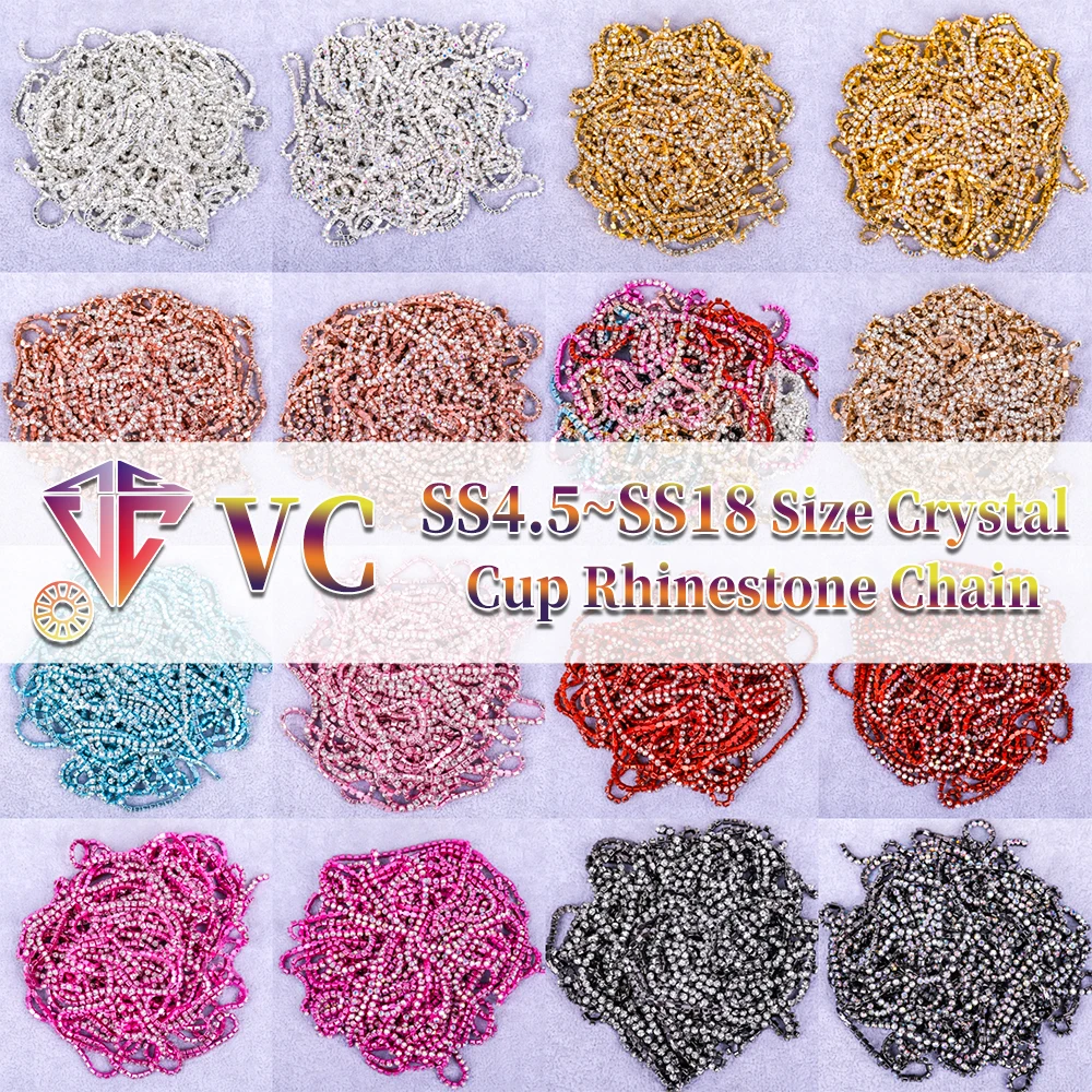 VC 1/5yards SS4.5-SS18(1.5mm-4.5mm) Silver/Gold/Blue/ Red Base Crystal Rhinestone Chain Sewing Glass Rhinestone Cup Chain