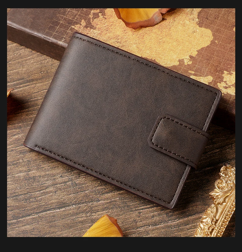 Kurze Herren-Geldbörse, lässig, Vintage, mit mehreren Kartenfächern, Münzfach und Knopfverschluss – Detail 9