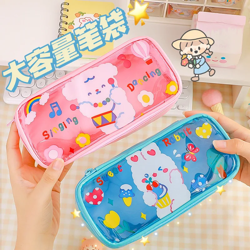 Cute animal transparent pencil bag ins wind large capacity portable student pencil case storage box