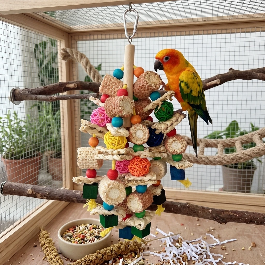 Papageienspielzeug Bunter Holzball aus Maisstroh für Vogelkäfig-Unterhaltung Schnabelschleifspielzeug aus Naturholz Langlebiges Stressabbau-Spielzeug – Detail 2