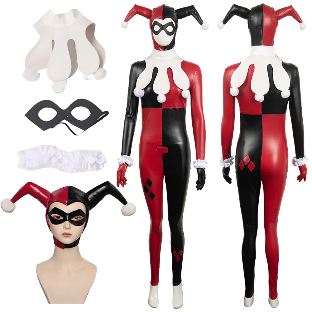 Quinzel Cosplay Fantasy Jumps uit Kostüm weibliche Super Bösewicht Augenklappe Hut Set Outfit erwachsene Frauen verkleiden Halloween Party Anzug