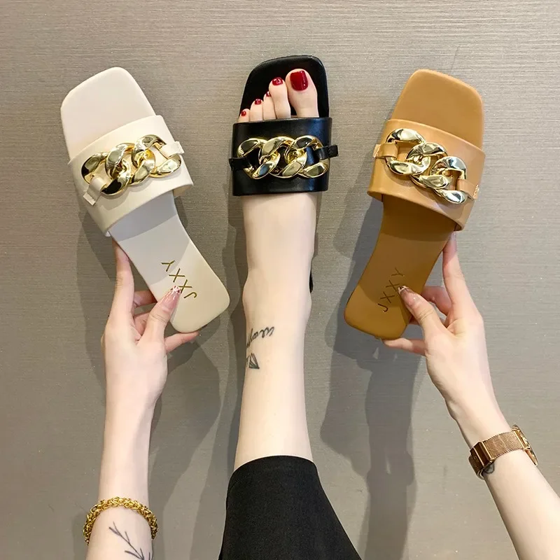 2024 New Fashion Women\'s Slippers Square Toe Chain Slippers Flat Slide Sandals Beach Flip Flops Metal Decoration Casual Shoes