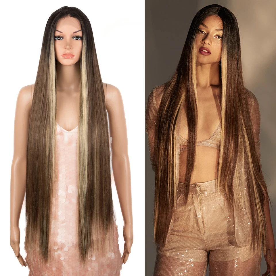 FREEDOM Gerade Synthetische Lace-Front-Perücke für Frauen 38 Zoll Lang Ombre Braun Rot Blond Highlight Lace-Frontal-Perücken Cosplay-Perücke – Detail 9