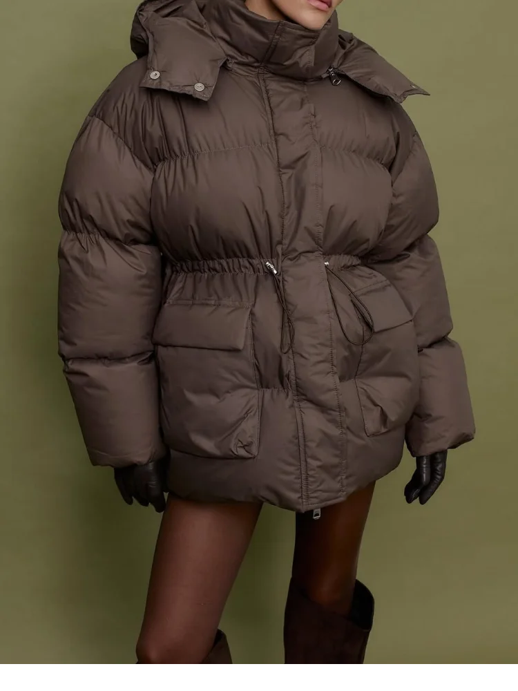 

Women Solid Hooded Cotton Coat Casual High Neck Drawstring Waist Cinching Zipper Loose Coats 2025 Lady Winter Daily Commute Wear