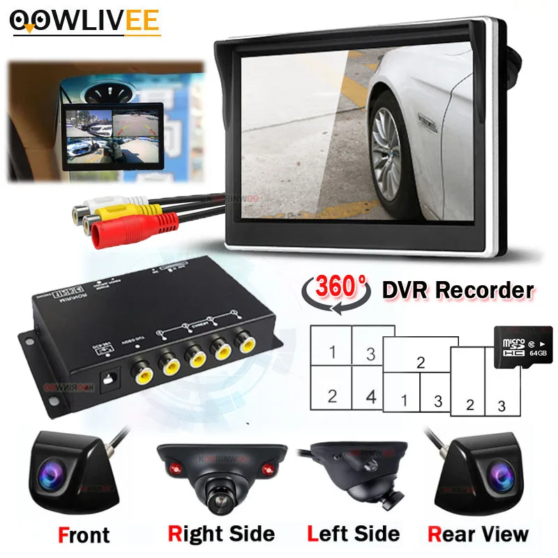 

OOWLIVEE Vehicle Dash Cam Full Kit 360 Car DVR Around view Car Cycle Recorder Night Vision Camera For LCD 5" Monitor Mirror HD