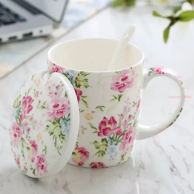 

370ML Cute Floral Rose Bone China Mug with Lid & Spoon, Yellow Leaf Coffee Thermos, Ceramic Coffee Cup, Porcelain Mug Wholesale