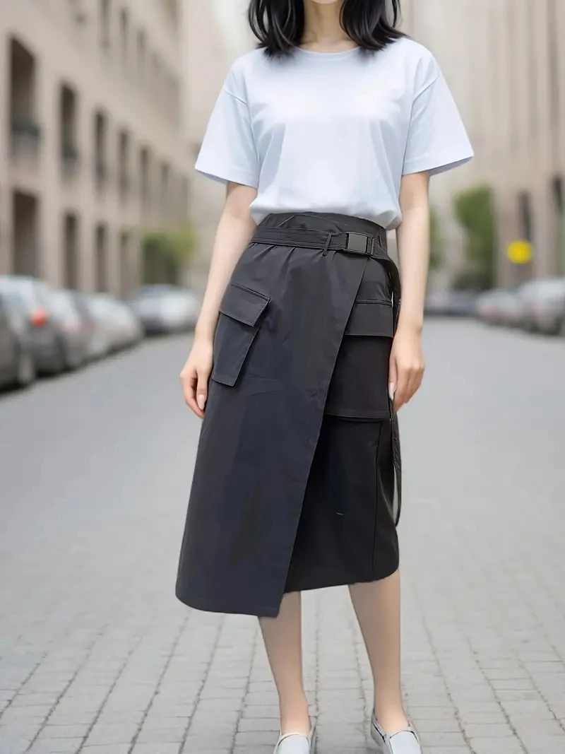 

Women's Black A-Line Skirt with Adjustable Waist Belt & Pockets - Flared Hem, Machine Washable, All-Season Versatile for C