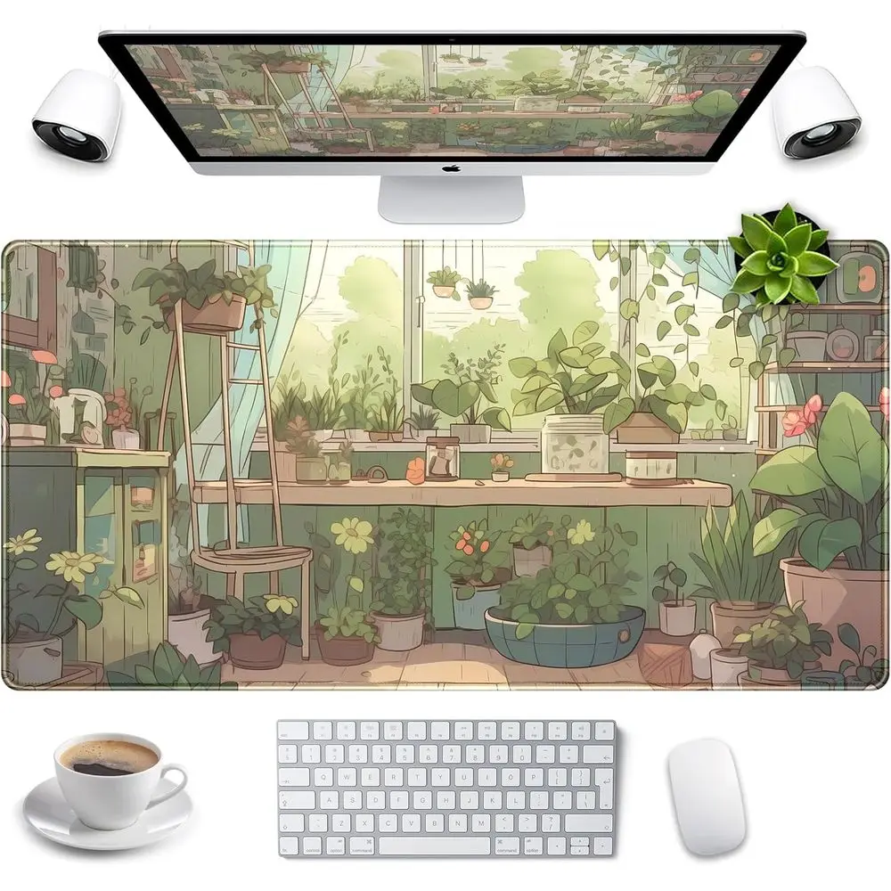 

Large Green Gaming Mouse Pad with Plants Design, XXL Sage Laptop & Keyboard Mat, 31.5x15.7 inches