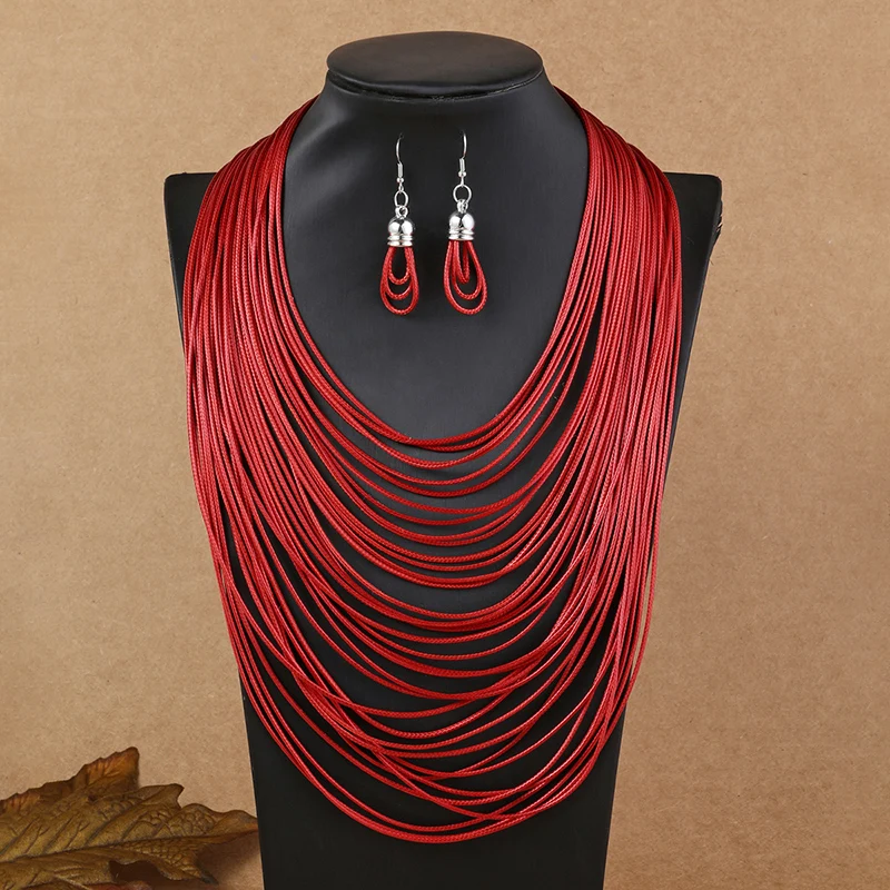 Colorful Multi-layer Leather Cord Wax Rope Chain Necklace Jewelry Set For Women String Cord Necklace Earrings Set Jewelry Gifts