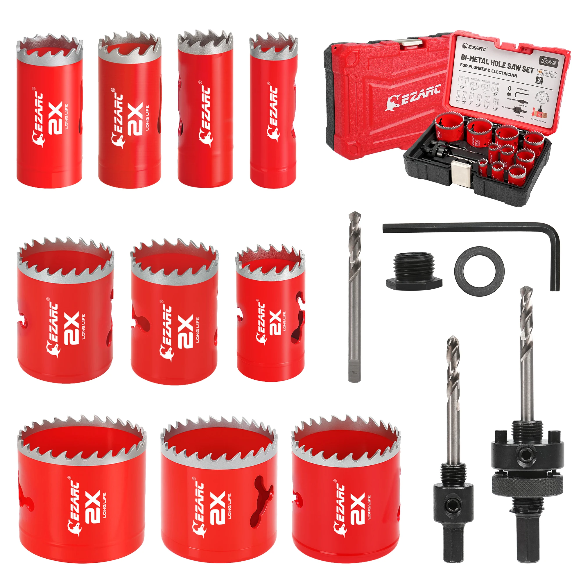 EZARC Bi-Metal Hole Saw Kit with 8% Cobalt for Wood Metal Plywood PVC Board - Fast Cutting, Long Life & Portable Case, 16-Pieces