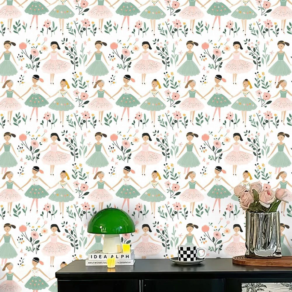 Cute Ballerina Girl Self-Adhesive Wallpaper Pink Green Floral Removable Peel and Stick Wall Mural for Kids Bedroom Nursery Decor