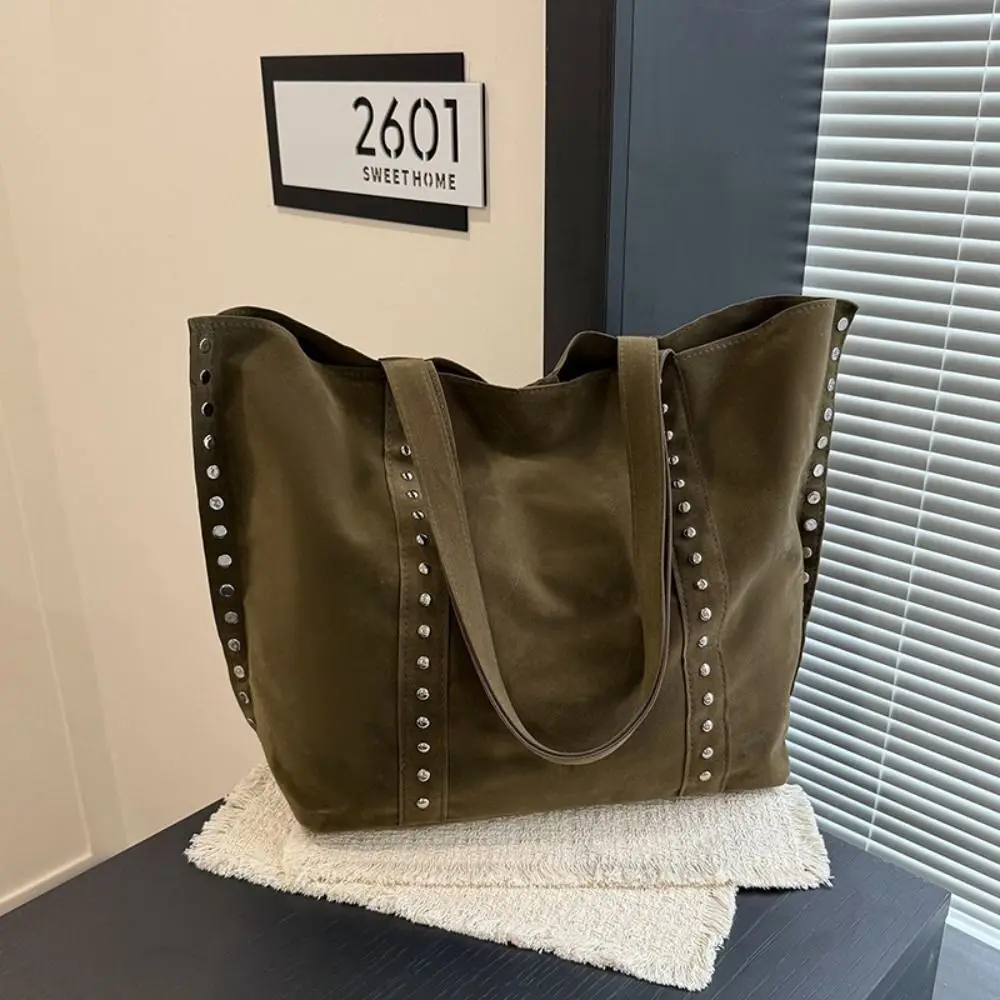 Korean Style Suede Rivet Tote Bag Solid Color Stud Decorative Matte PU Handbag Large Capacity PU Leather