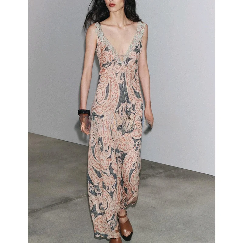 Vestido F de Verão com Decoração em Camadas, Decote em V, Sem Mangas, Estilo A-line, Estampa, Vestido E de Cint...