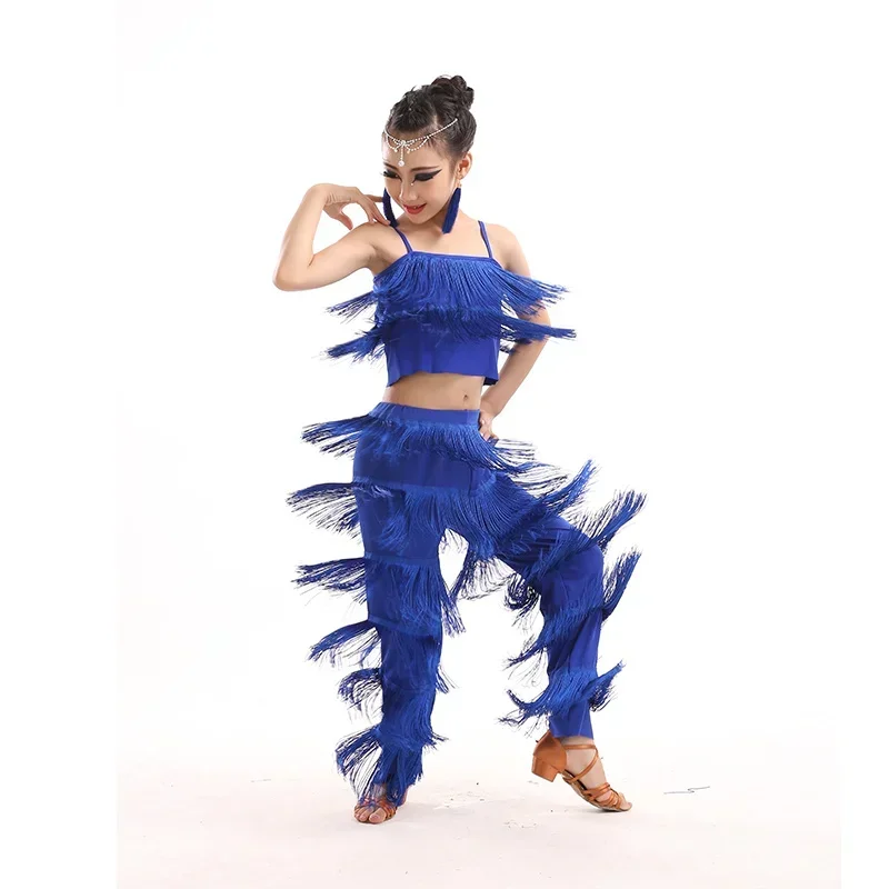 Costumes de danse latine pour enfants, robe et pantalon à franges, paillettes, salsa et samba, salle de Rh, grande taille, tenues de scène pour enfants, filles