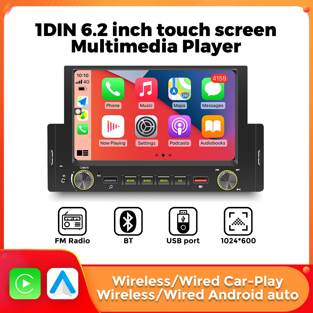 

Navifly 6.2 Inch HD Touch Screen Universal 1Din Car Radio Stereo Multimedia Player BT Autoaudio FM Receiver MP5 Carplay Monitor