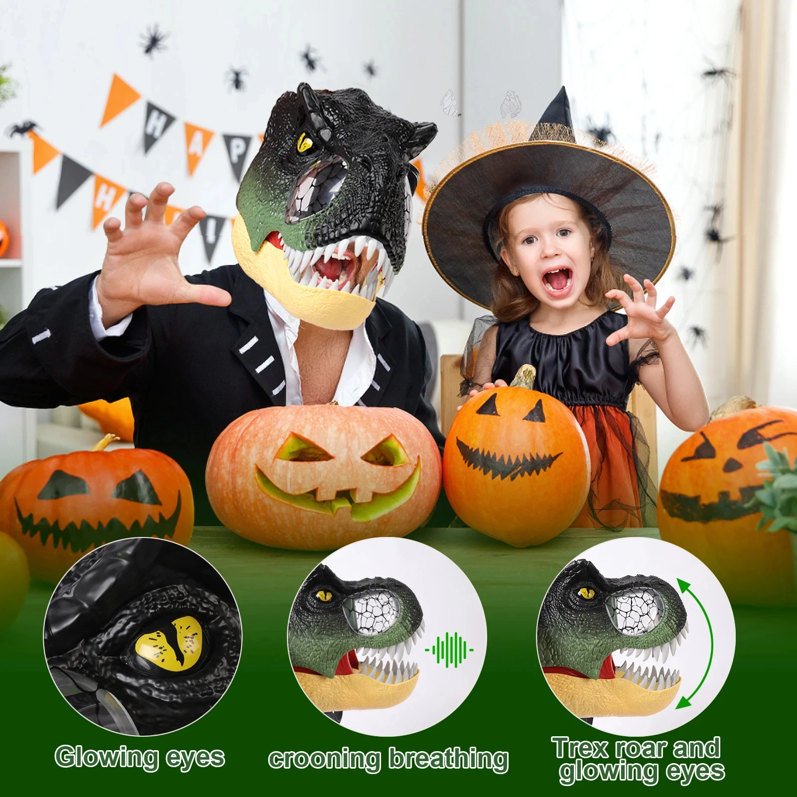 Masque facial de dinosaure électrique d'Halloween pour enfants, casque de simulation Vorannosaurus, yeux LED, rugissement, modèle animal 208.assic, garçons