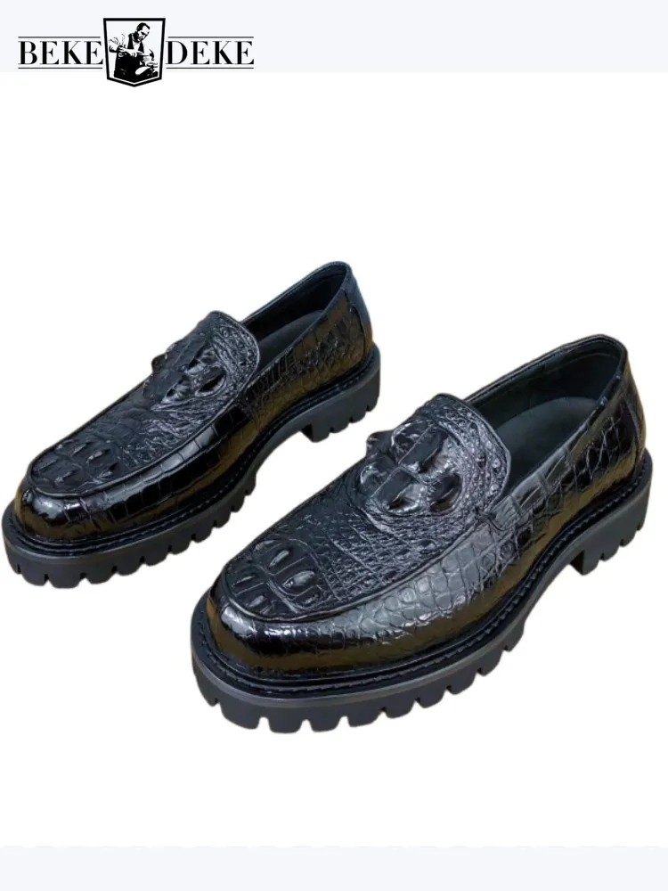 

Top Quality Black Crocodile Leather Mens Formal Shoes British Style Round Toe Thick Soled Real Leather Business Work Footwear