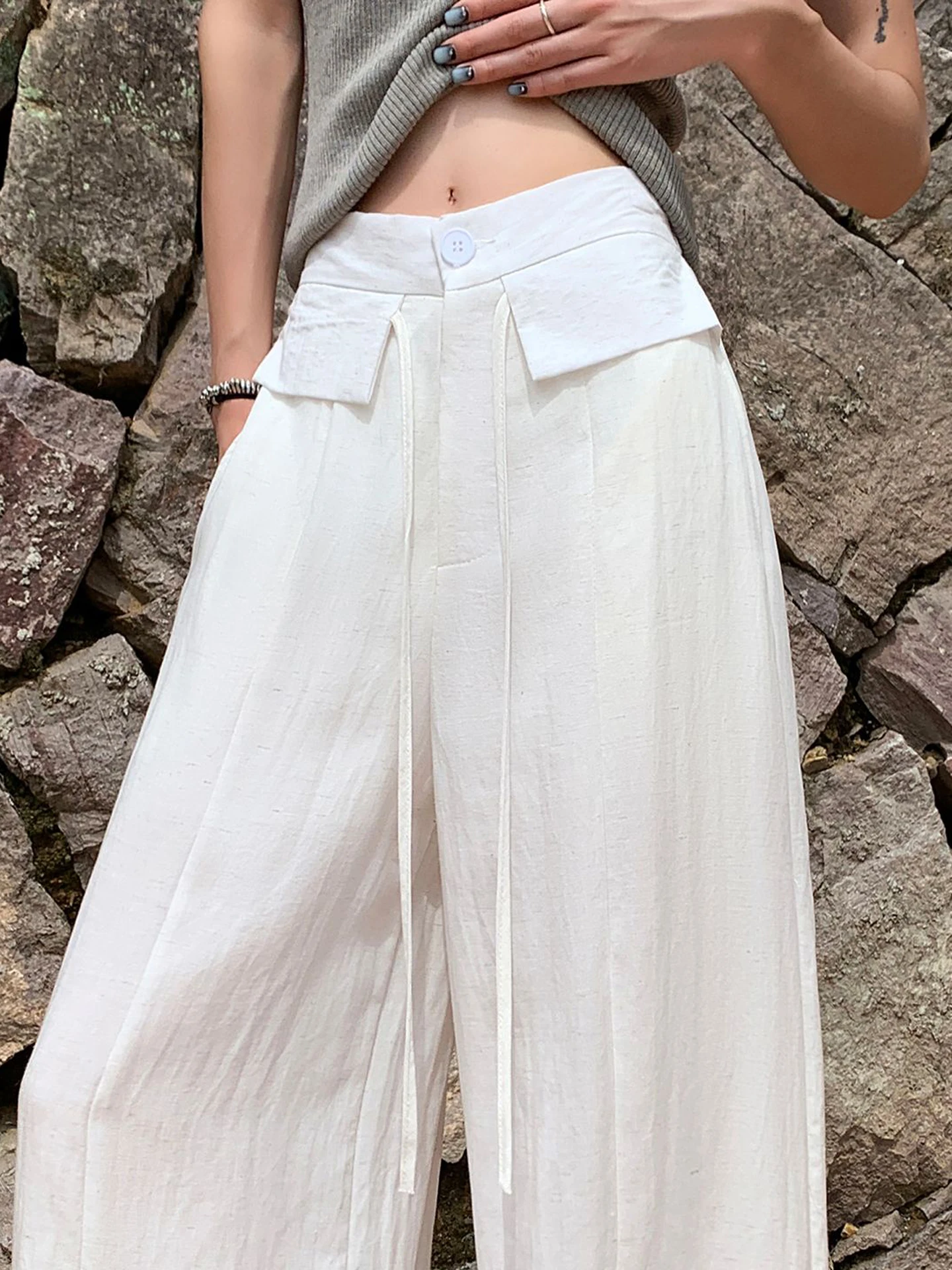 

High Waist Straight Leg Trousers Women's Summer Thin Ice Silk Cotton Linen Casual Drapey Wide Leg Pants Korean Style Simple P...