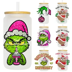 Faux Glitter Christmas Cartoon Green Boy Wear Hat UV DTF Transfers Stickers Decals For Libbey Cold Cups Tumbler Waterproof Craft