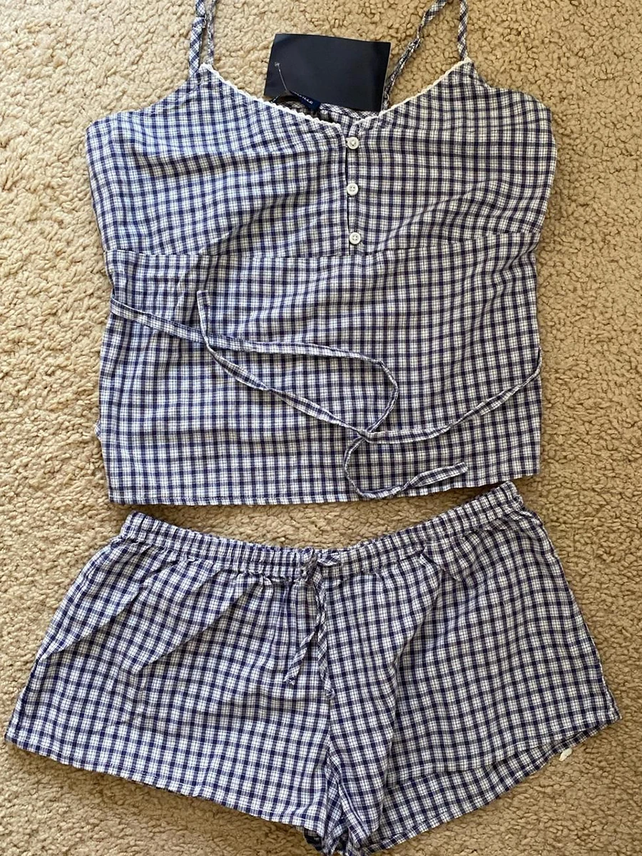 Navy Plaid Tank Shorts 2 Piece Sets Woman Lace Trim Buttons Lace-up Camis+Drawstring Sweatshorts Vintage Sweet Home Cotton Set