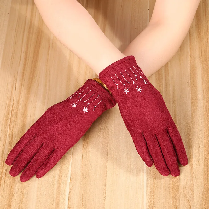 New Autumn And Winter Women Thicken Keep Warm Embroidery Suede Gloves Drive Cycling Cute Lovely Elegant Windproof Soft