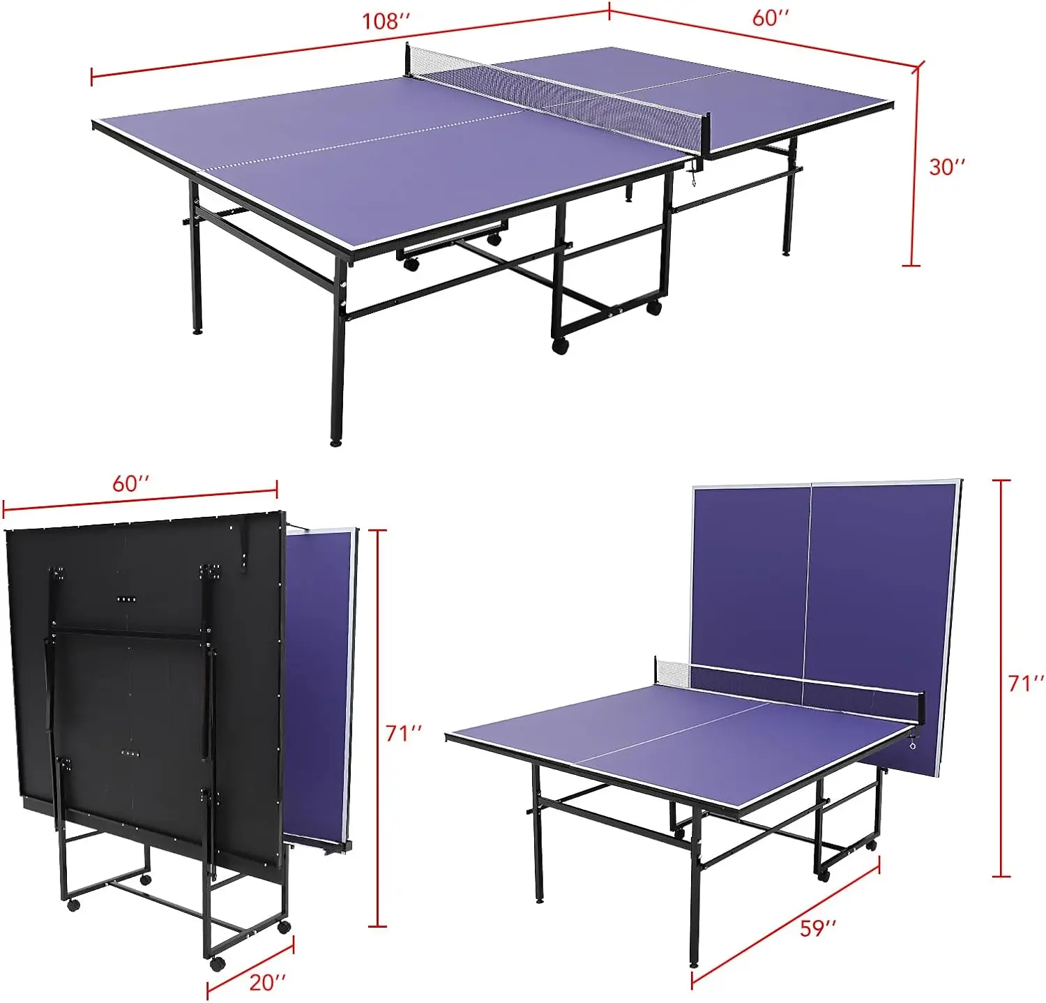 Professionele tafeltennistafels voor buiten, draagbaar pingpong-tafelspel van 1,2 m, met net, 2 tafeltennispeddels en 3 ballen